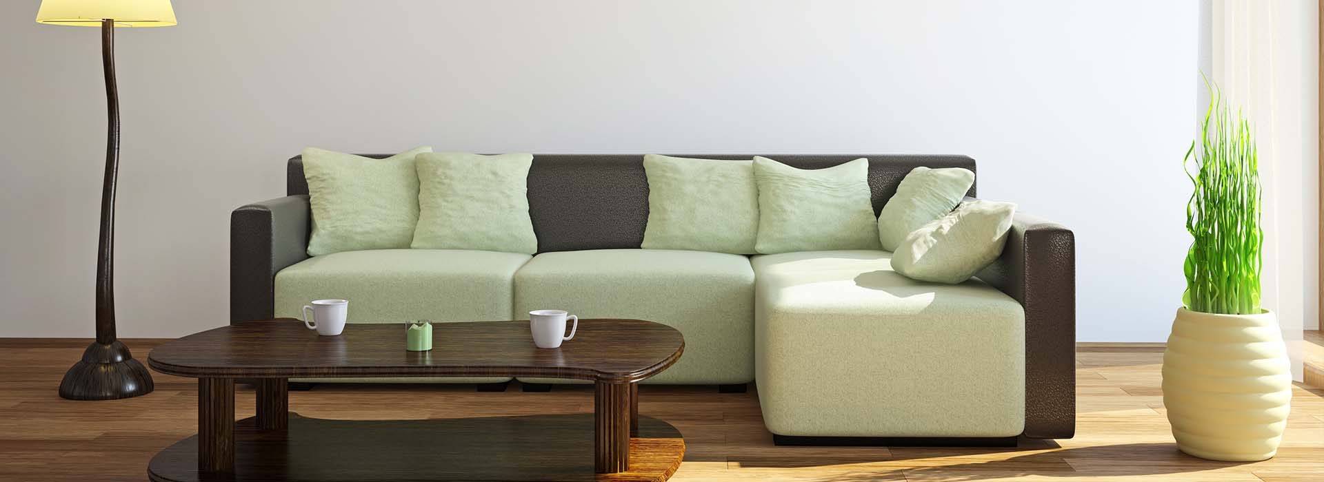 Living room with green/brown couch image